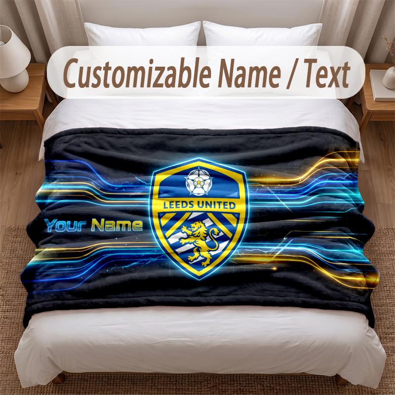 Leeds United Printed Flannel Blanket Custom Name Text Soft Warm Throw For Bedroom Holiday Gift