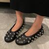 Fashion 2025 New Rivet Round Head Flat Shoes Luxury Black Leather Sandal Ballet Sandals Silver Ball Metal Hollow Mary Jane Shoes 35-42
