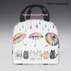 1pc Cat Umbrella Theme Portable Reusable Cooler Bag - Polyester Lunch Box Bag with Black Handles, Colorful Rainbow & Kitten Desi