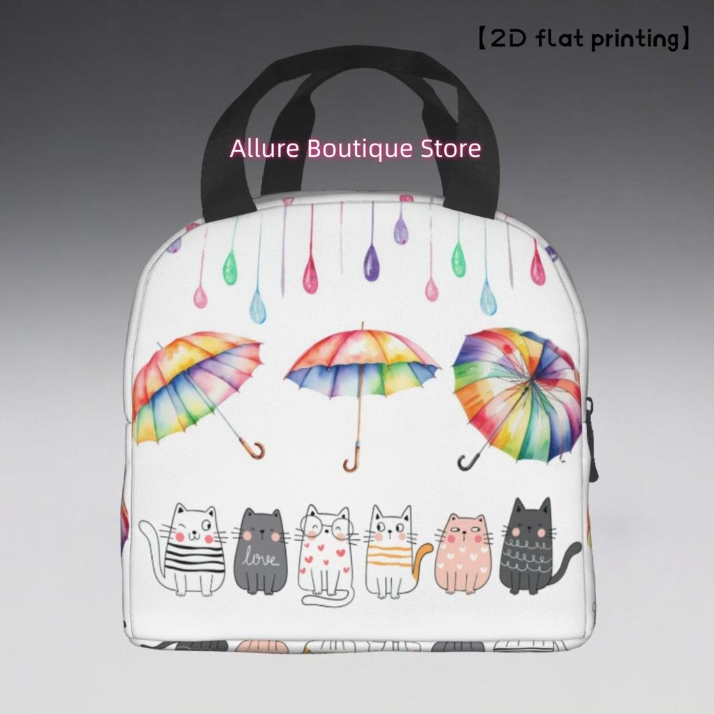 1pc Cat Umbrella Theme Portable Reusable Cooler Bag - Polyester Lunch Box Bag with Black Handles, Colorful Rainbow & Kitten Desi