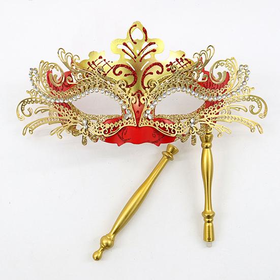 Fancy Party Masque Metal Masque with Handheld Stick Half Face Venetian Masque with Rhinestones for Women Men Prom Ball Mardi Gras Masquerade
