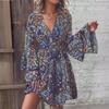 Bohemian Style Print Dresses for Women Fashion Bell Sleeves V-neck Elegant Ladies A-line Dress  Spring Summer Casual Beach Dress