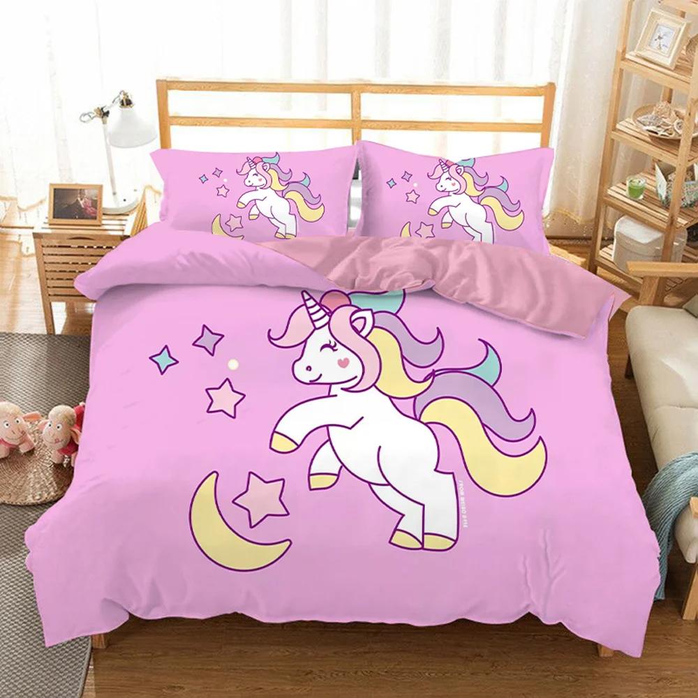 Unicorn Kids Girls Pink 3D Bedding Set Duvet Cover Sale Cartoon Bedcllothes Animal Printed Queen King Size Home Duvet Covers