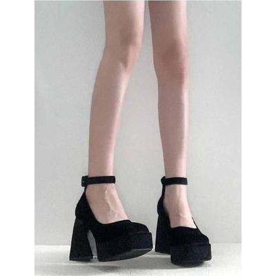 Весна 2024 года, толстый каблук, светлый нос, корейская версия, туфли Мэри Джейн, черные, квадратные, высокие каблуки, однотонные, замшевые женские туфли с пряжкой