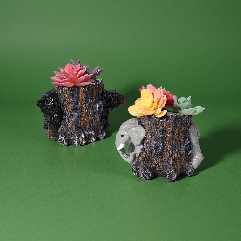 Creative Elephant and Bear Tree Stump Resin Flower Pot for Balcony