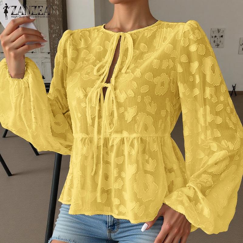 ZANZEA Женская повседневная кружевная круглая горловина с длинным рукавом полупрозрачная блузка