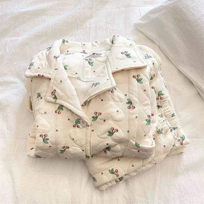 Пижамные комплекты Cherry для женщин, зимние, толстые, теплые, стеганые, трикотажные, хлопковые, домашняя одежда, длинные рукава, пижамы на пуговицах