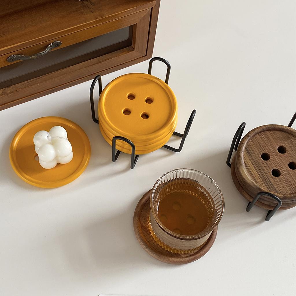6-Piece Original Colorful Button Coaster Set with Cross-Shaped Iron Rack Coaster Holder Dopamine Round Wooden Coasters Exquisite Coffee Cup Holders
