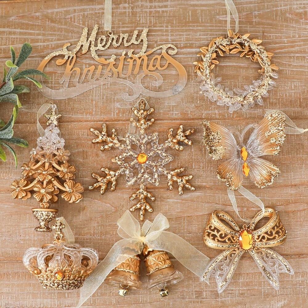Golden Translucent Christmas Snowflake Pendant Crystal Prism Wreath Elk Deer Ornaments Home