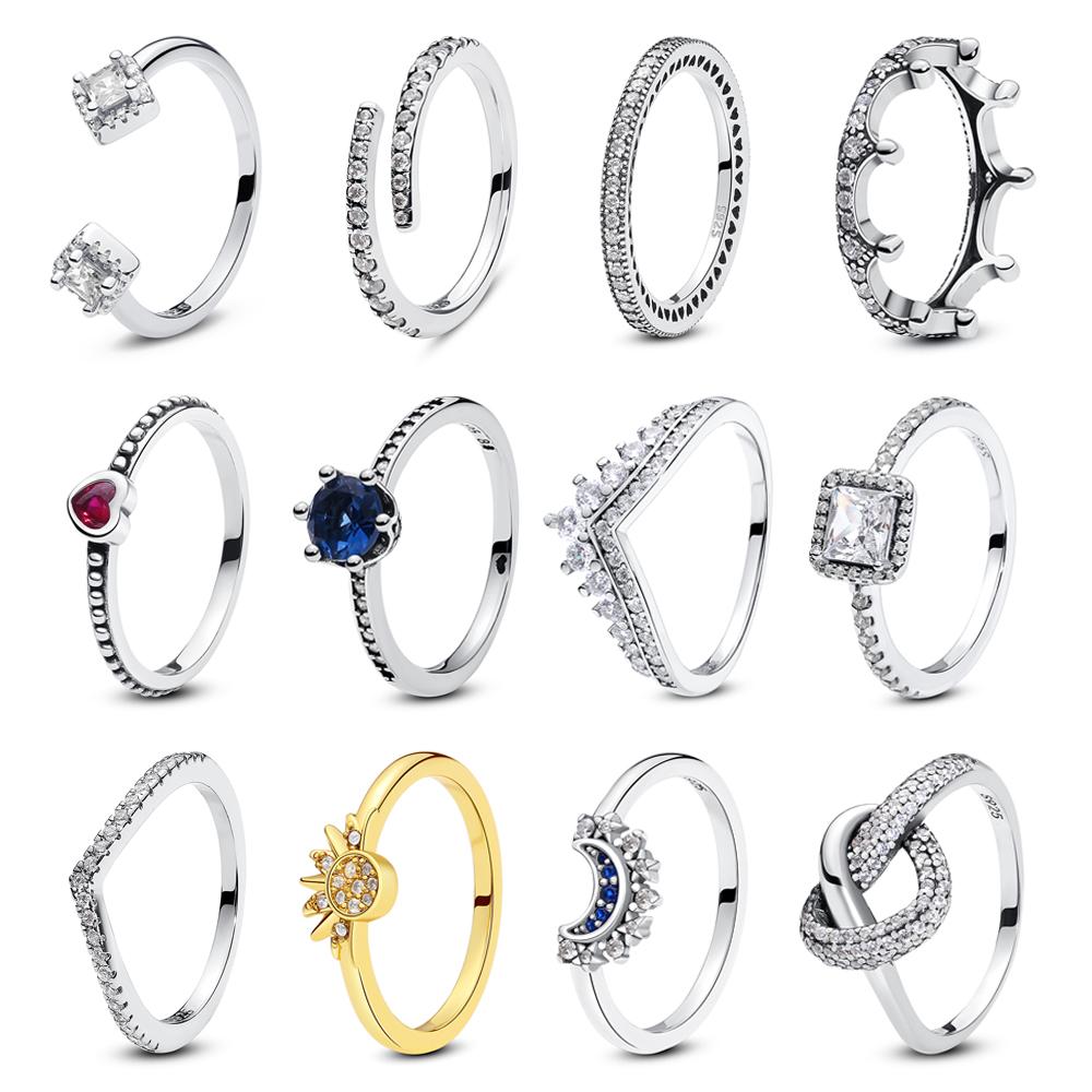 Кольца из стерлингового серебра 925 пробы для женщин, оригинальные обручальные кольца с короной, сердцем, висячей косточкой, розовое золото, кристаллы, роскошные ювелирные изделия