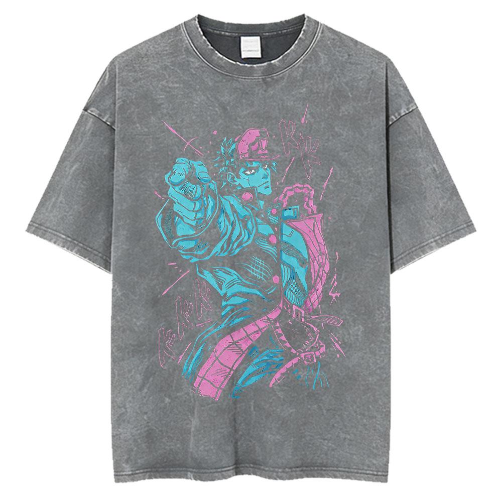 Аниме JoJo's Bizarre Adventure Джотаро Куджо Винтажные Футболки с кислотной стиркой Мужские Женские Хлопковые Повседневные Футболки с коротким рукавом Уличный стиль