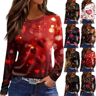 Женская модная повседневная футболка с разрезом и круглым вырезом, длинным рукавом и принтом ко Дню святого Валентина, женский топ