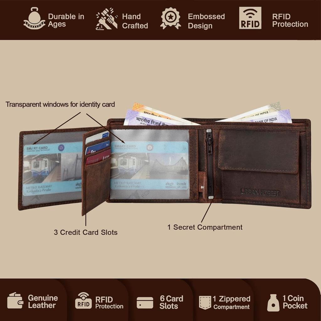 Мужской кожаный кошелек Zeus Vintage Bi-Fold, 6 отделений для карт