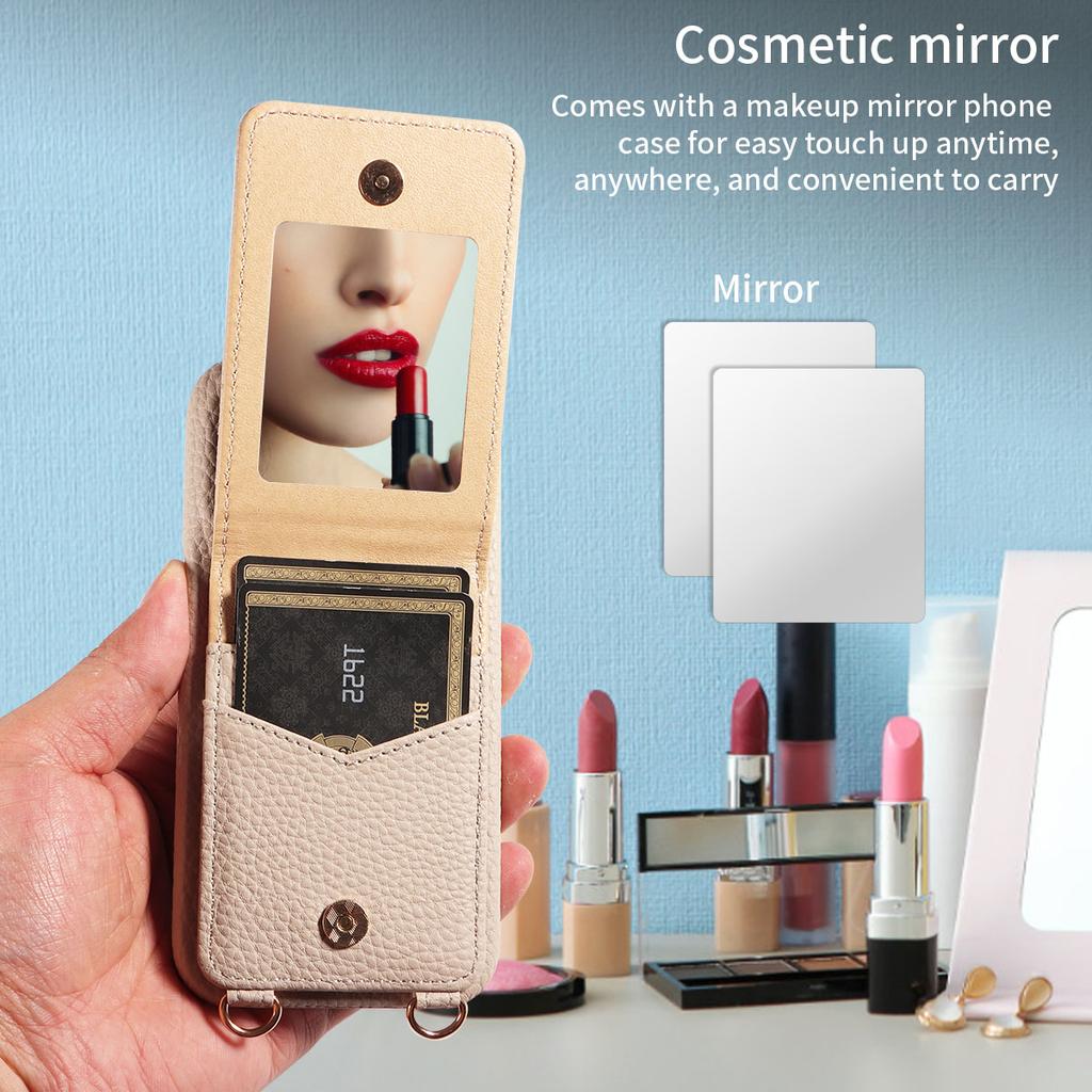 Чехол для телефона iPhone16 15 14 13 Pro Pro Max Plus с зеркалом для макияжа и слотом для карточек на шнурке Стильный многофункциональный чехол для телефона