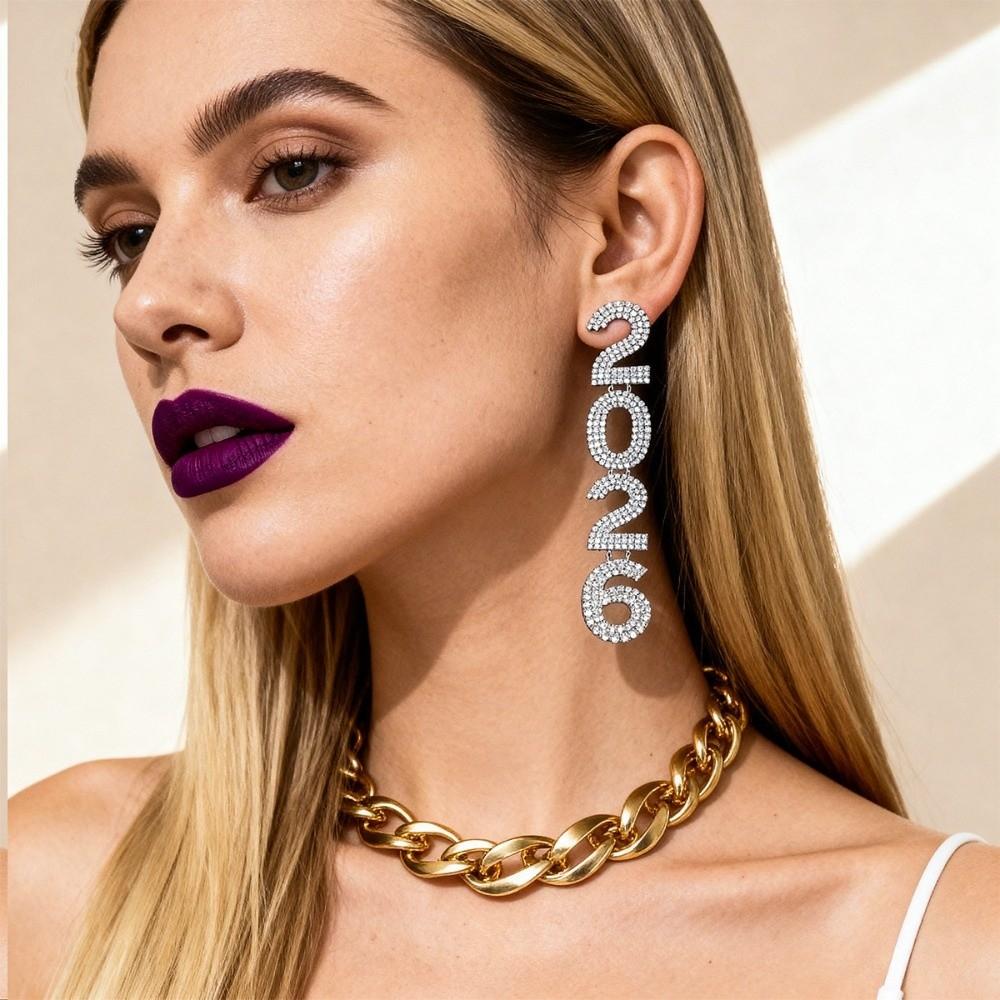 Rhinestone 2026 Jewelry Suit Exaggerated 2026 Necklace Vintage Happy New Year Earrings  Christmas