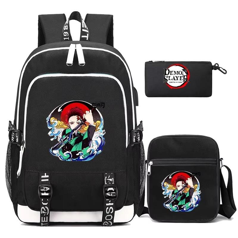 Student Schoolbag Three-Piece Set, Ghost Extinguishing Peripheral Printed Backpack, Men'S And Women'S Versatile Casual Shoulder Bag, Pencil Bag.