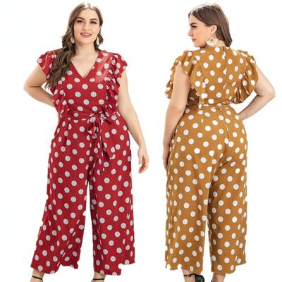 Модный женский комбинезон с короткими рукавами в горошек и воланами для больших размеров