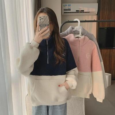 Женский флисовый пуловер из овечьей шерсти: Трендовый воротник-стойка, застежка на половину молнии, с плюшевой подкладкой, плотный, свободного кроя, с длинными рукавами для осени/зимы