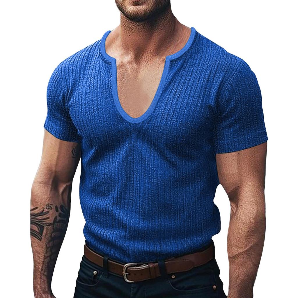 Men's Summer V-neck Striped Knitted Short-sleeved Tops Men's Casual Short-sleeved Tops