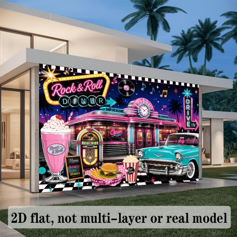 Retro 1950s rock-themed restaurant backdrop. Suitable for themed parties. Comes with a retro neon jukebox decoration.