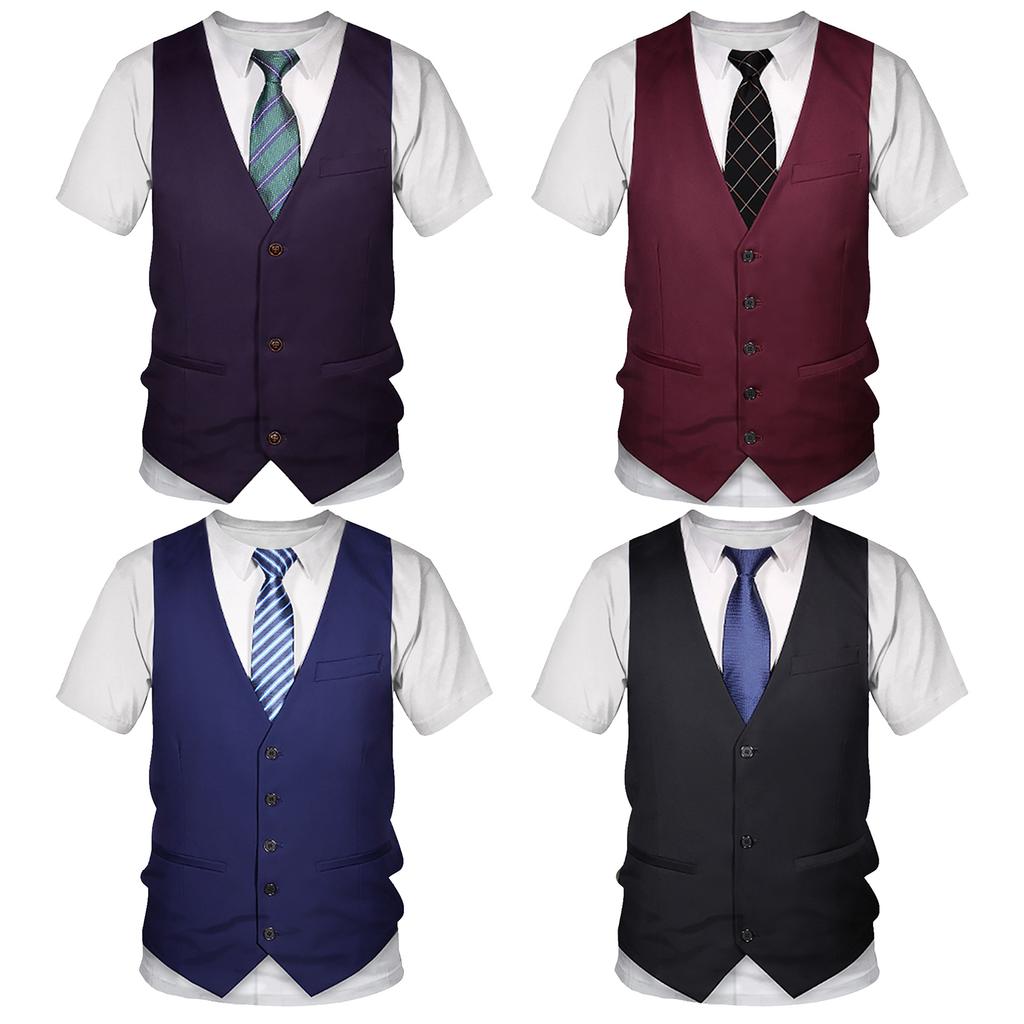 Boys Funny 3D Vest Tie Pattern Printed T Shirt Round Neck Short Sleeve Casual Top