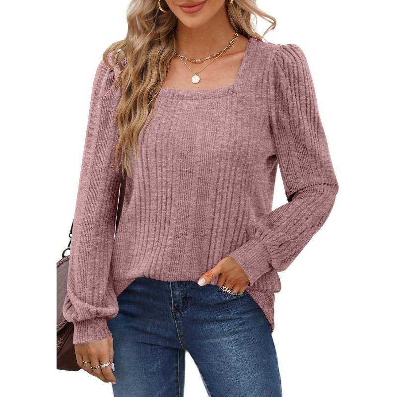 Spring and Autumn Women's Blouse Pit Stripe Brushed Square Neck Fashion Lantern Sleeve Long Sleeve Top