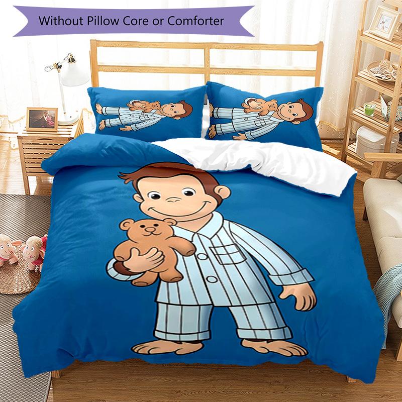 3pcs Curious George pattern bedding set duvet cover set includes duvet cover &pillowcases, perfect all season bedroom decoration & gift