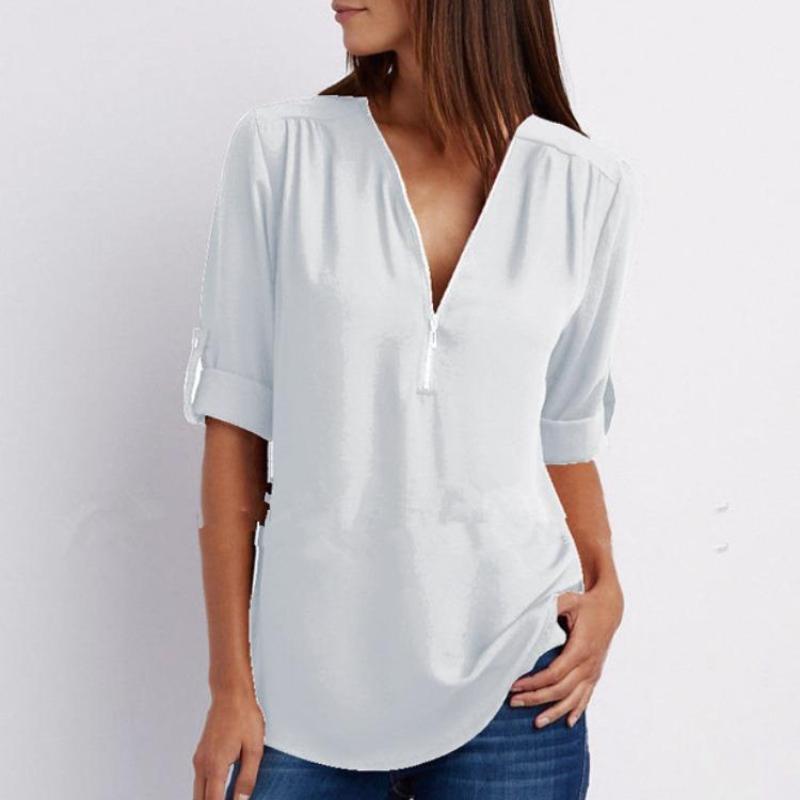 Shirt V-neck Zipper Plus Size Women's Long Sleeved Loose Chiffon Shirt with Adjustable Sleeves
