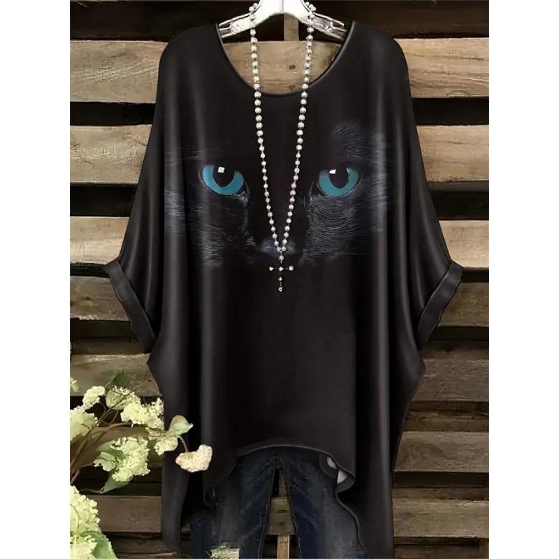 Большой размер, Женская повседневная футболка большого размера с коротким рукавом - Фиолетовый цветочный принт, Эластичный полиэстер, Круглый вырез, Можно стирать в машине, Комфорт круглый год