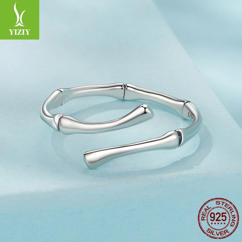 S925 Sterling Silver Simple Bamboo Open Ring, Cross-Border Fashion Minimalist Style Adjustable Ring Jewelry