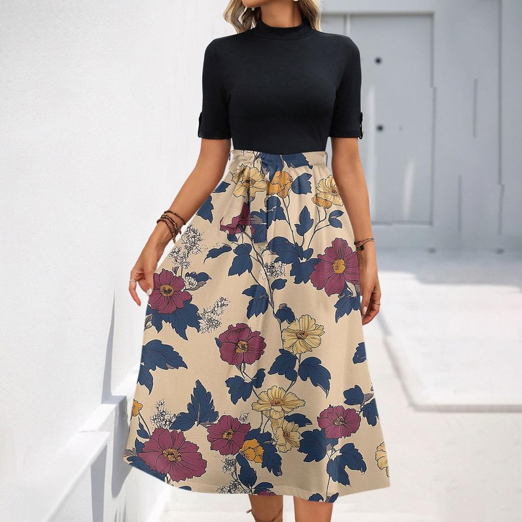 Женское модное повседневное платье с коротким рукавом и круглым вырезом с цветочным принтом и элегантным темпераментом