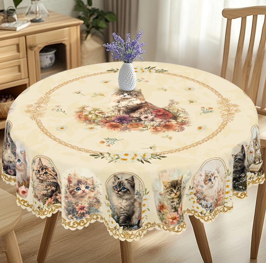 Vintage Golden Spring Cat Floral Print Round Tablecloth Cute Pet Pattern Kitchen Dining Table Cover Indoor Outdoor Party Decor Gift