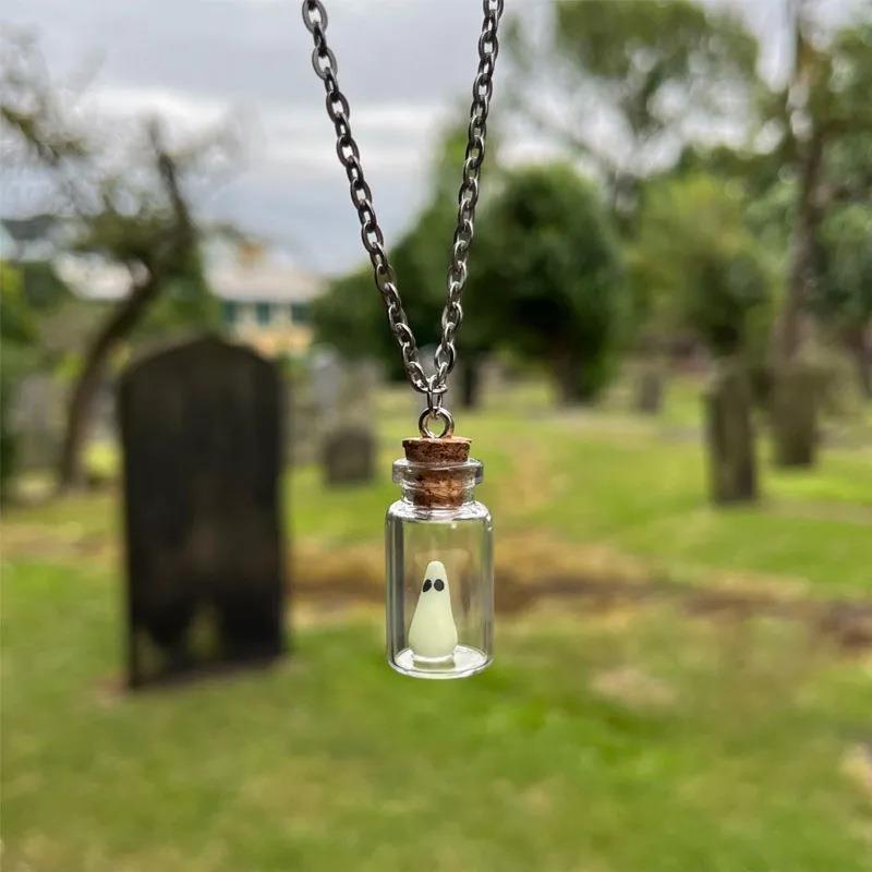 Gothic Halloween Glowing Ghost Jar Necklace Small Glass Bottle Pendant Necklace for Women Men Boys Girls Punk Jewelry Gifts