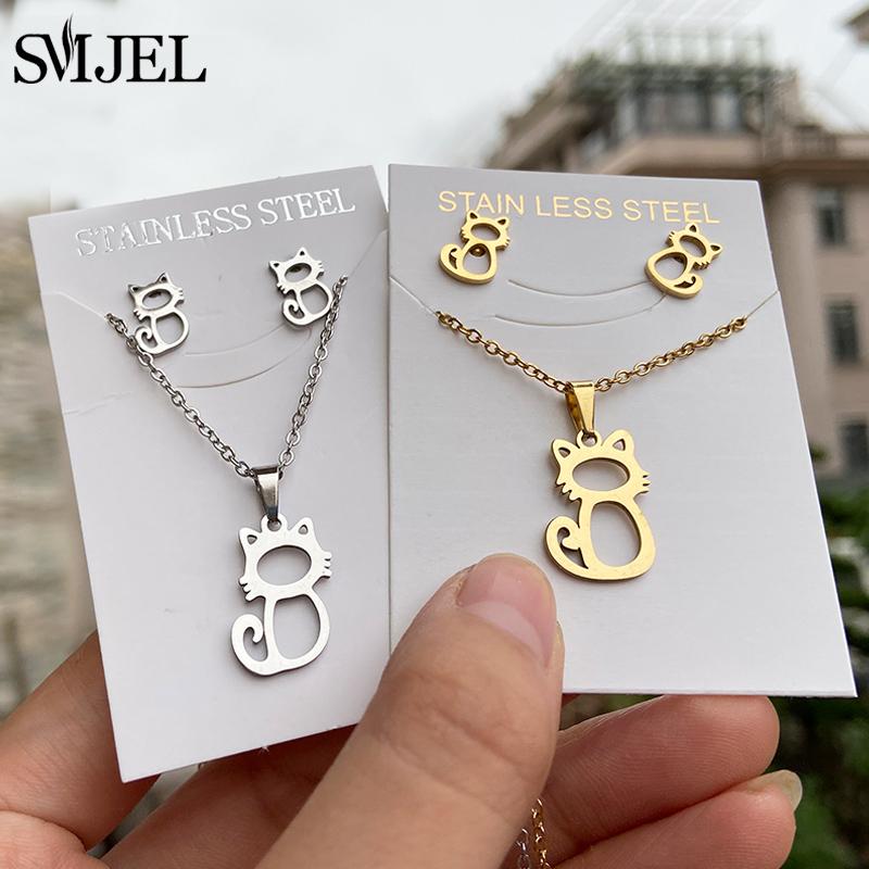 Lovely Gold Color Kitten Cat Stainless Steel Zircon Set Necklaces Men Collares Fashion Hollow Cat Earring Necklace Paw Zircon