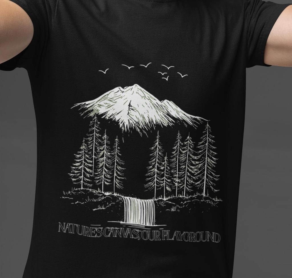 Mountain Waterfall Line Art T-Shirt: Nature's Canvas Tee