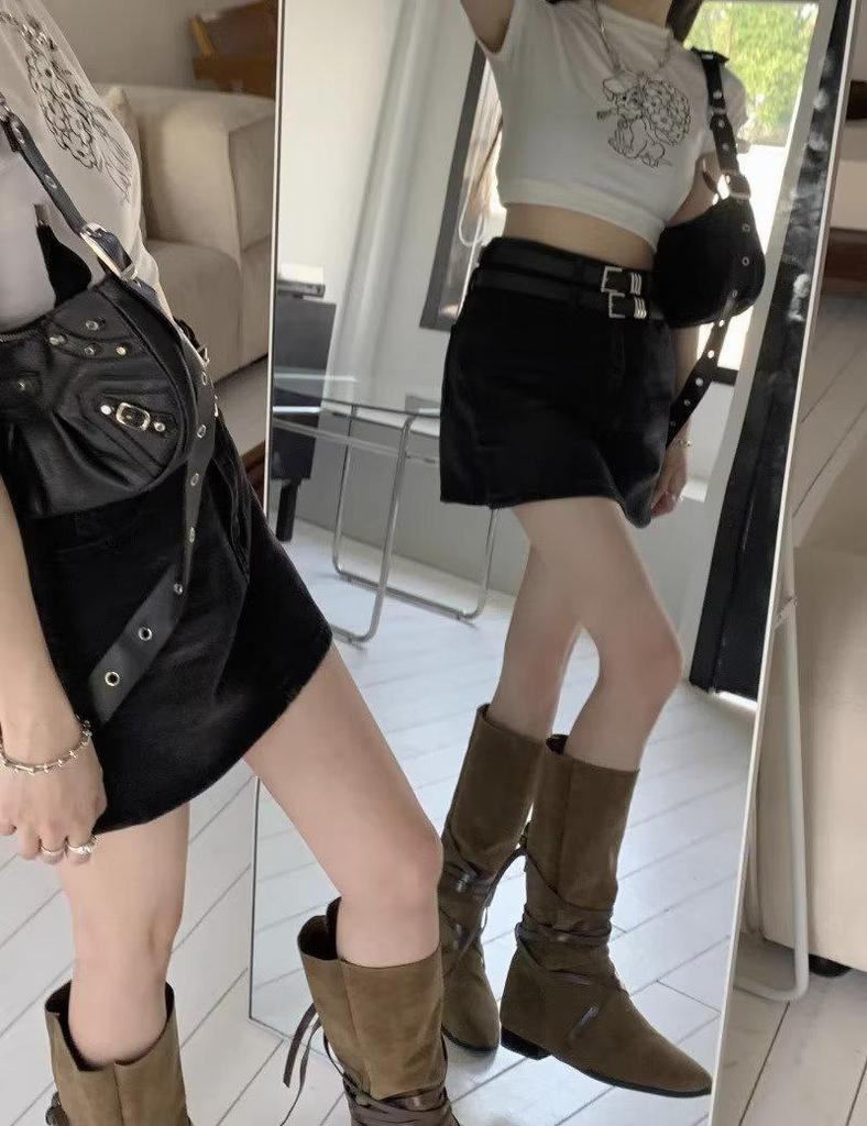 Острая девушка Юбка мини из денима с завышенной талией, ретро-разрезом и двойным ремнем - Женская летняя А-силуэта