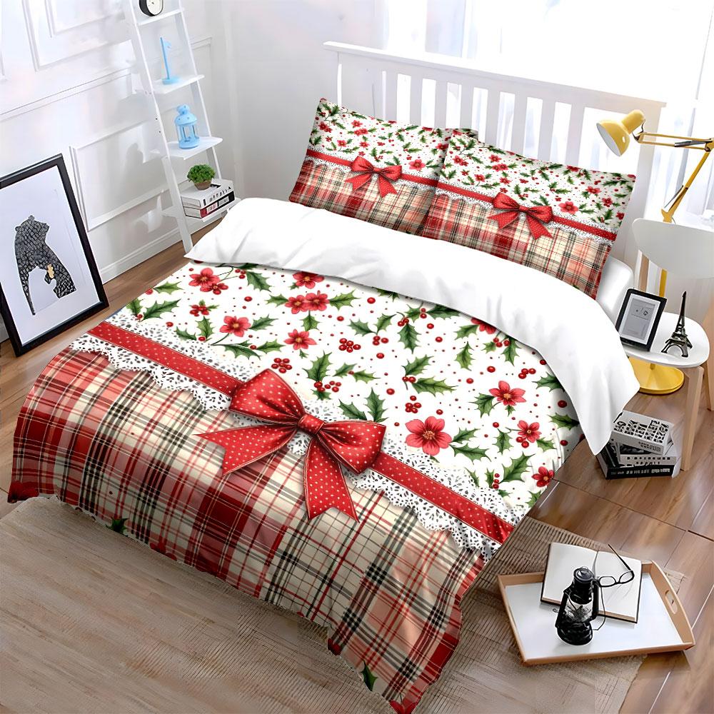 Christmas Plaid Floral Design Bedding Duvet Cover Set Duvet Cover Pillowcases (1*Duvet Cover 2*Pillowcases, without duvet insert)