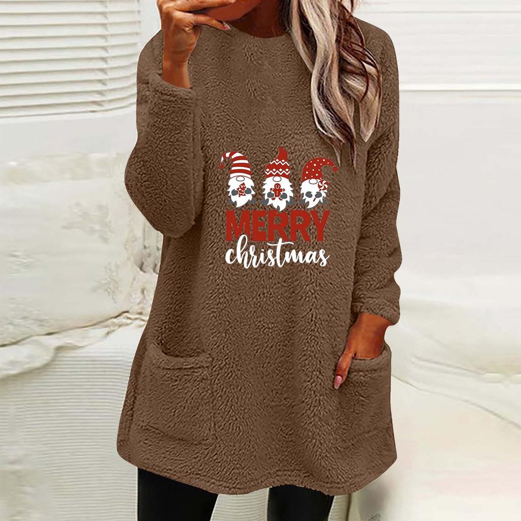Women's Christmas Print Round Neck Loose Long Sleeve Pocket Plush Hoodie