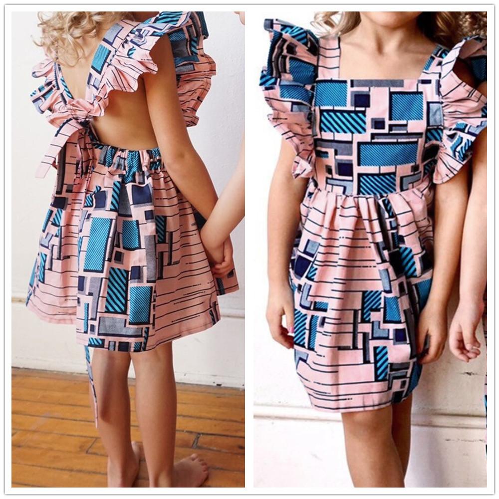 Baby Kids Girls Clothes African Boho Style Printed Ruffle Sleeves Backless Dress for 1-6 Years