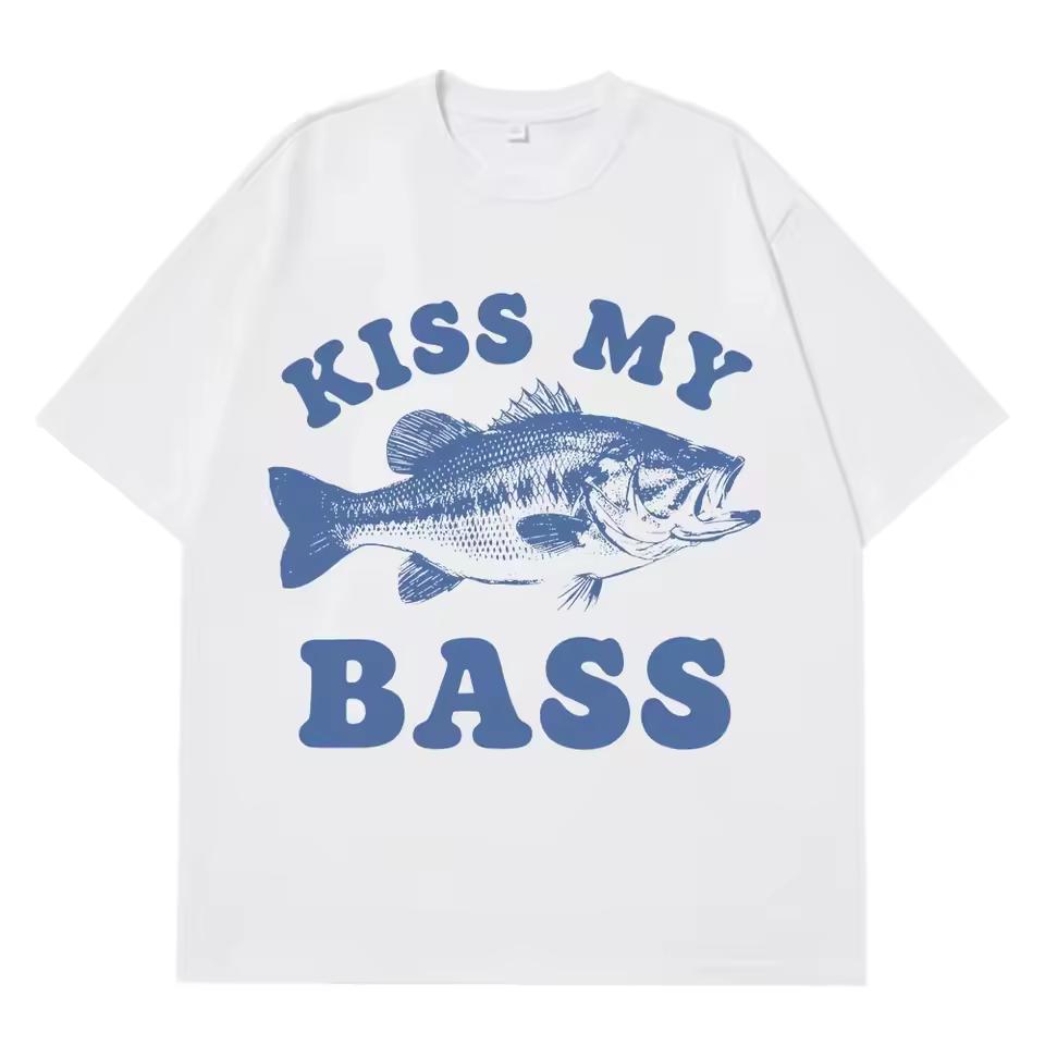 Retro Fishing T shirt Kiss My Bass Funny Meme T shirt Men Women Fashion Clothing T shirt Summer Cotton Casual Harajuku T shirts