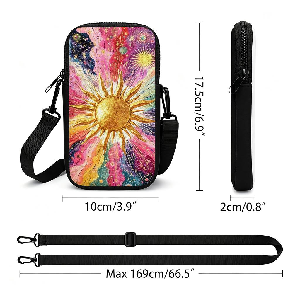 2D-Psychedelic Celestial Golden Sun Cosmic Swirl Starburst Metallic Texture Acrylic Style Art Print Crossbody Phone Bag