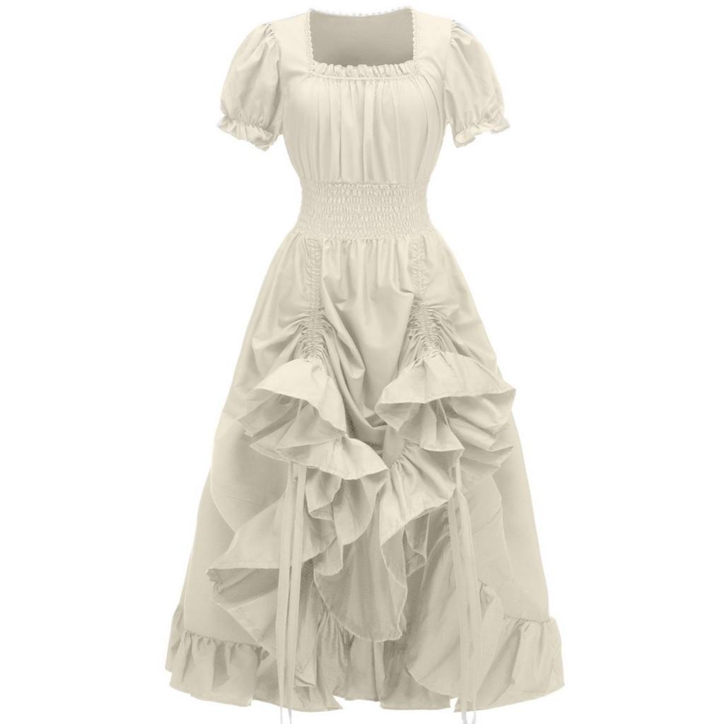 Vintage Renaissance Square Neck Short Sleeve Dress Medieval Pastoral Cosplay Dress