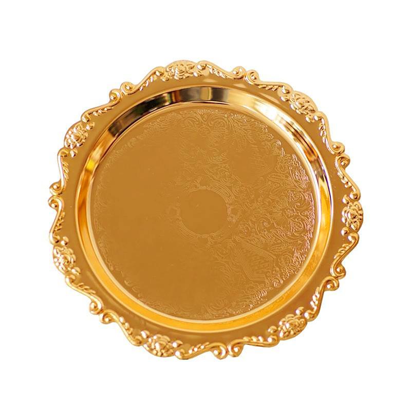 Круглый золотой поднос из нержавеющей стали с прямым краем, подставка для украшений, косметики, свечей, десертов, чаепитий, декоративный поднос для хранения косметики