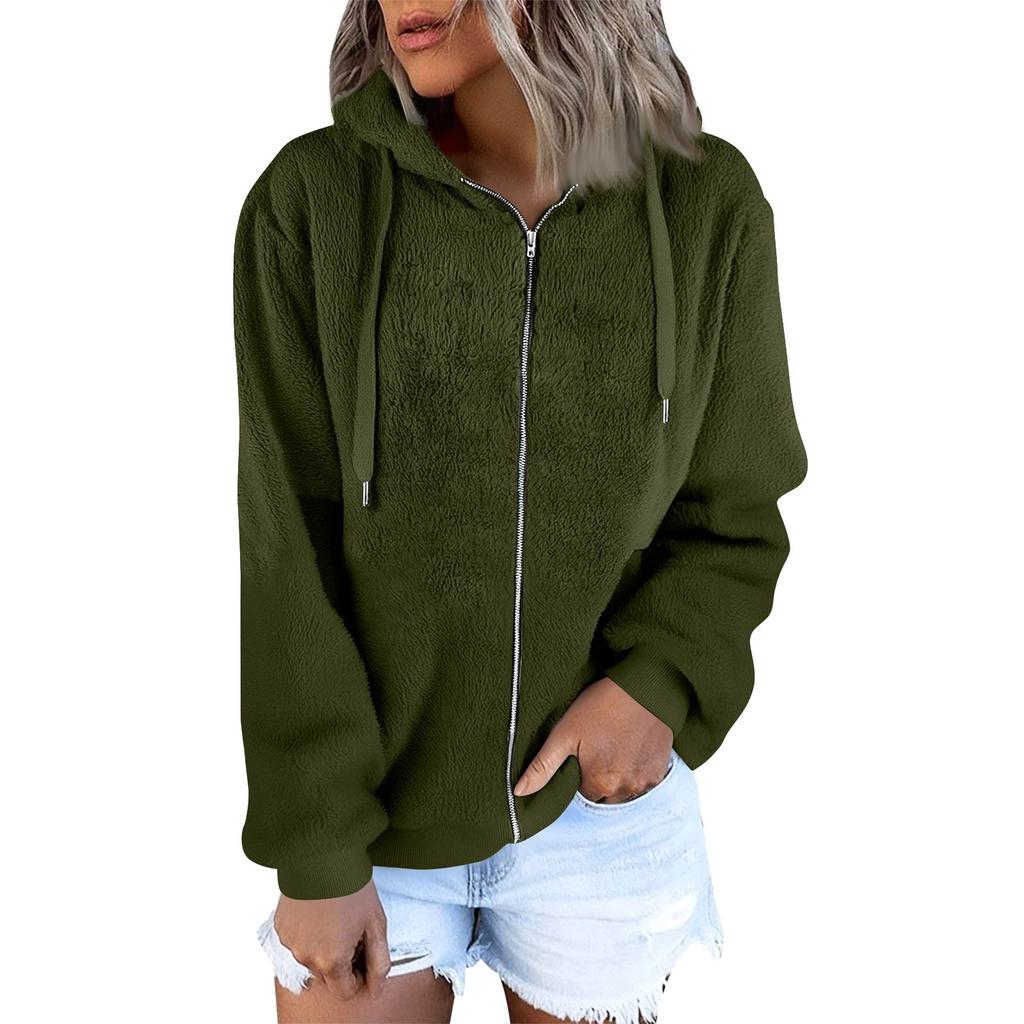 Women's Fashionable Warm Fleece Solid Color Hoodie Zipper Pocket Casual Jacket