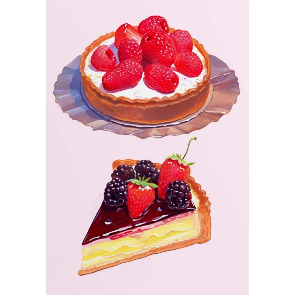Cream Fruit Cake Watercolor French Pastry Illustration Poster Canvas Wall Art Print Picture Colorful Kitchen Home De