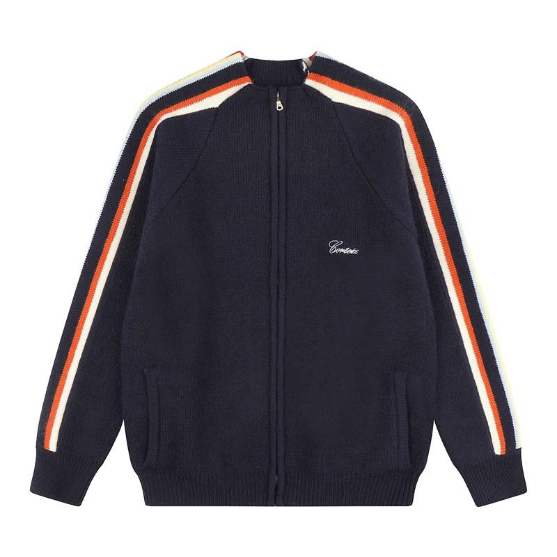 Мужская хлопковая вязаная толстовка с воротником-стойкой на молнии Streetwear Hip Hop Свитер Свободного кроя Синяя