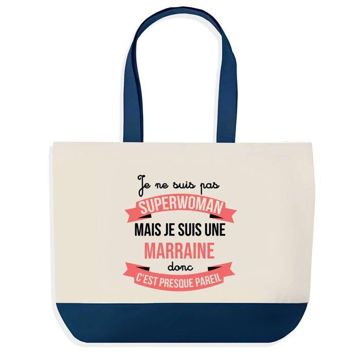 Tote bag - PLANETEE - Marraine Superwoman - fond bleu - coton - 40 x 45 cm