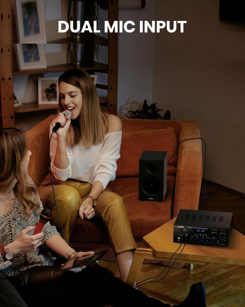 Moukey MAMP1 Power Amplifier System with Microphone 220W Bluetooth Dual Channel Sound Audio Stereo Receiver with MIC LCD for Home Theater