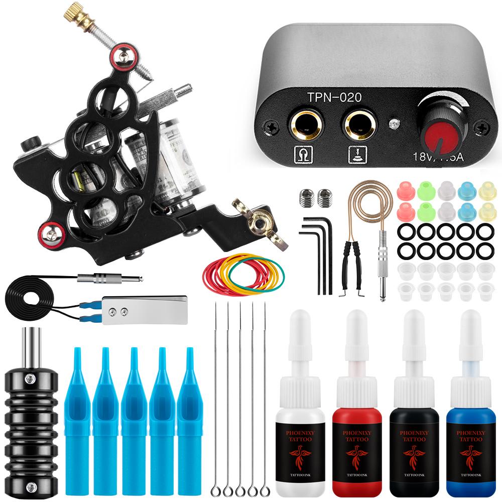 Полный набор татуировок PHOENIXY с источниками питания для тату-машин, полный набор тату-инструментов, набор перманентных чернил для боди-арта, макияжа