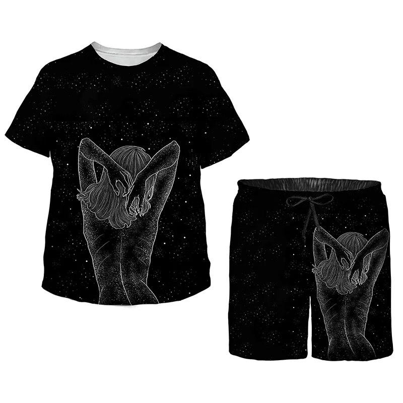 Летний комплект для детей, милый топ с короткими рукавами и шортами с принтом «Кейт», черный спортивный костюм, кавайные пижамы с героями мультфильмов для мальчиков и девочек